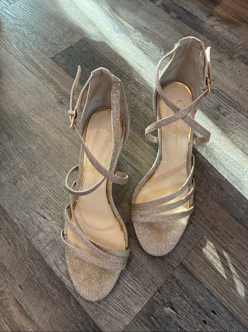 Jessica Simpson Sexy Sparkly Mob Wife Platform Gold Glitter Strappy Heels Sz 8.5